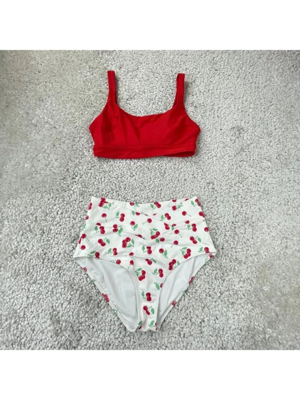 Aerie Cherry Print High Waisted Full Coverage Bottom & Scoop Red Top Set Medium
